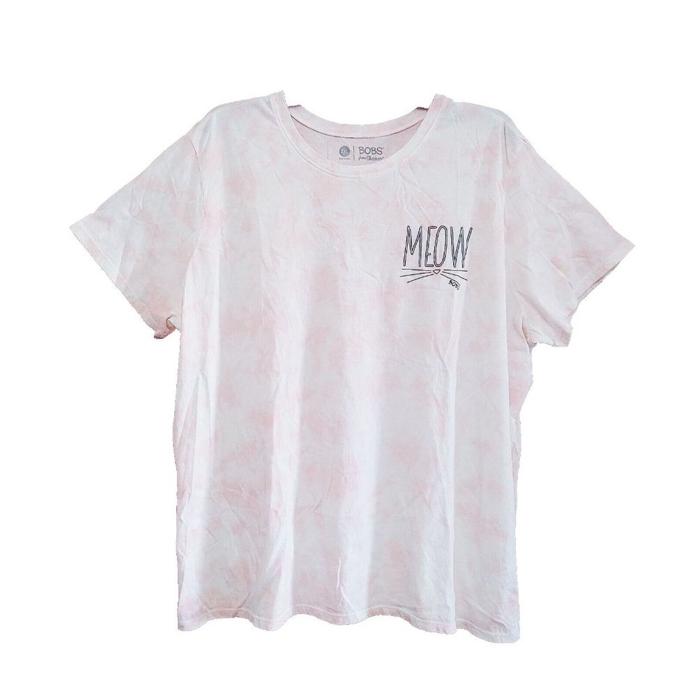 Bobs From Sketchers Womens T Shirt Size 2X Pink Tie Dye Meow Tee